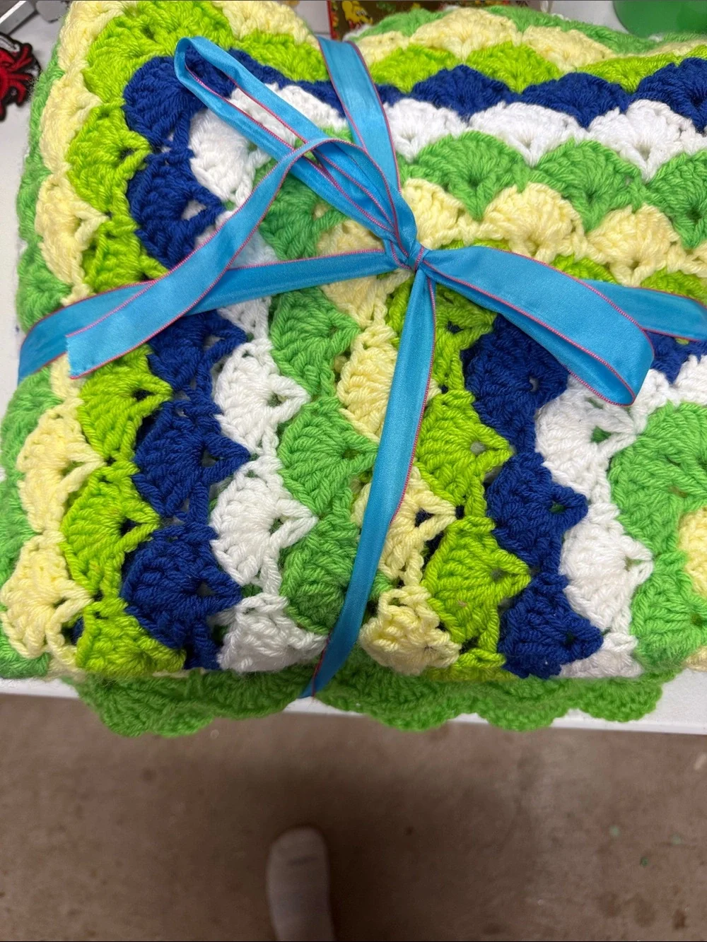 Handmade Crochet Throw Blanket in Green, Blue, Cream & White
